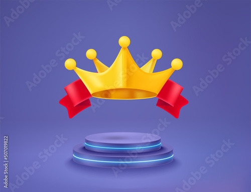 Golden crown with red ribbon on neon podium. Vector 3d illustration