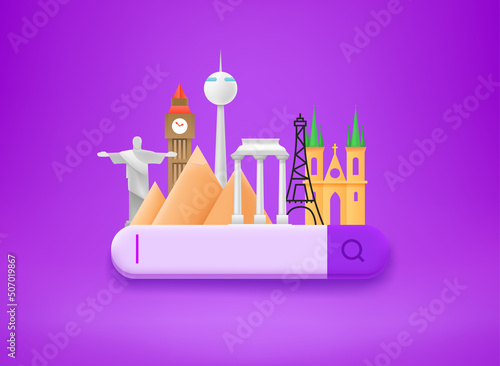 Searching for travel tour. World sights with searching ефи. 3d vector illustration