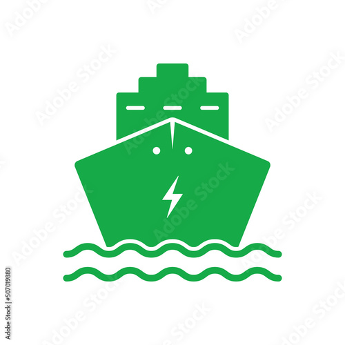 Electro Ship Silhouette Green Icon. Electric Cargo Boat Pictogram. Vessel Alternative Eco Transportation Icon. Ecology Marine Sign for Freight, Passenger Travel. Isolated Vector Illustration