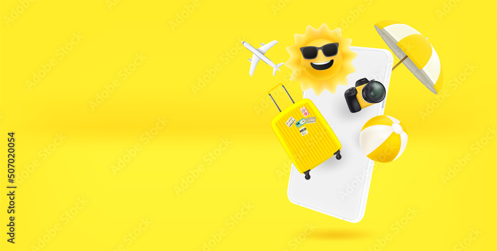 Booking adventure via modern smartphone. 3d vector banner with copy space Booking adventure via modern smartphone. 3d vector banner with copy space