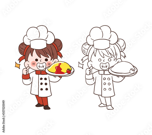 Cute young chef girl smiling and holding an omelette with rice.cartoon vector art illustration