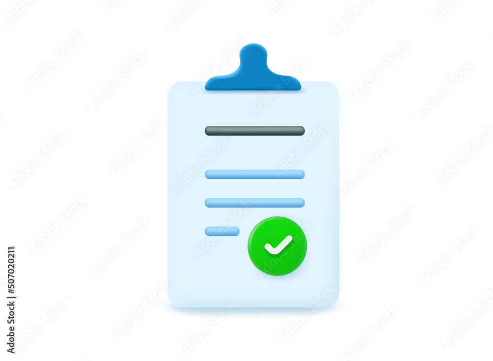 Clipboard with text and check icon. 3d vector illustration Clipboard with text and check icon. 3d vector illustration