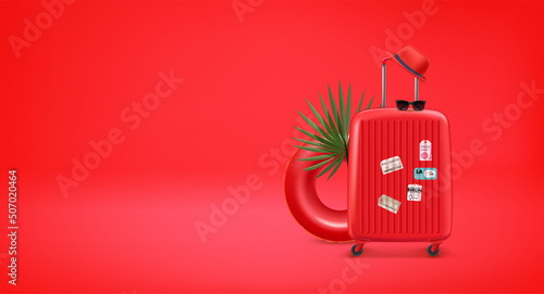Red travel suitcase with stamps and red floater, sunglasses and red hat. 3d vector banner with copy space