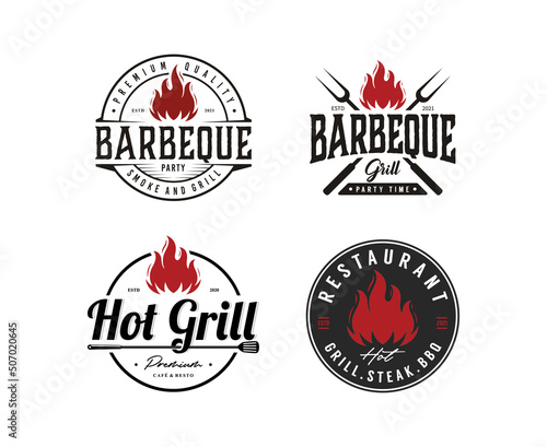 Barbecue Logo design vector. Grill and Bar with fire, grill fork and spatula. BBQ logo template. Vector illustration