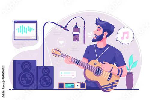 boy singing and Playing Guitar illustration background