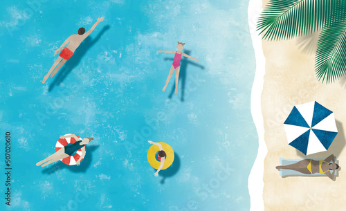 海水浴ビーチの人々水彩画