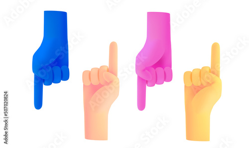 Cartoon hands with pointing up and down. 3d vector elements isolated on white