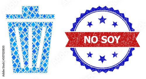 Blue ethereum mosaic bucket icon, and bicolor dirty No Soy seal. Crystal related parts are grouped into abstract mosaic bucket icon. Red round stamp seal has No Soy text inside circle.