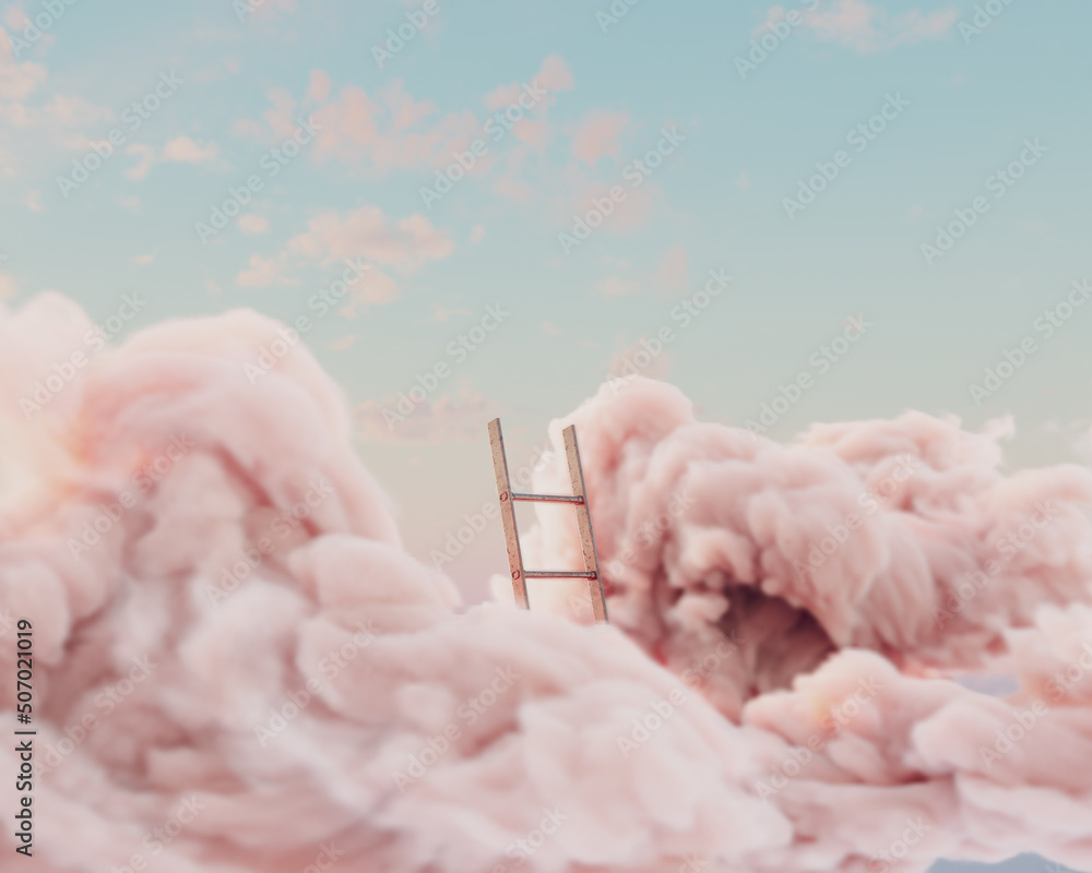 © alswart - A surreal concept of a regular aluminium ladder pushing through a fluffy cloud on a peach sky background - 3D render