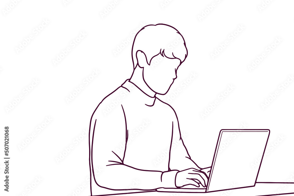 hand drawn casual business man working on laptop illustration hand drawn casual business man working on laptop illustration
