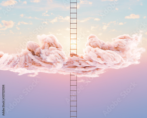 A surreal concept of a regular aluminium ladder pushing through a fluffy cloud on a peach sky background - 3D render photo
