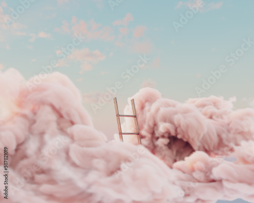 A surreal concept of a regular aluminium ladder pushing through a fluffy cloud on a peach sky background - 3D render photo