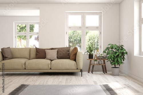 White living room with sofa and summer landscape in window. Scandinavian interior design. 3D illustration