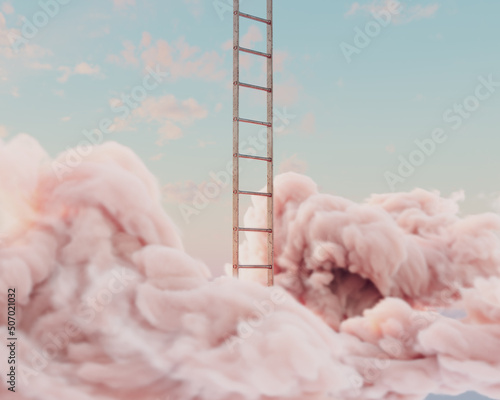 Canvas Print A surreal concept of a regular aluminium ladder pushing through a fluffy cloud o