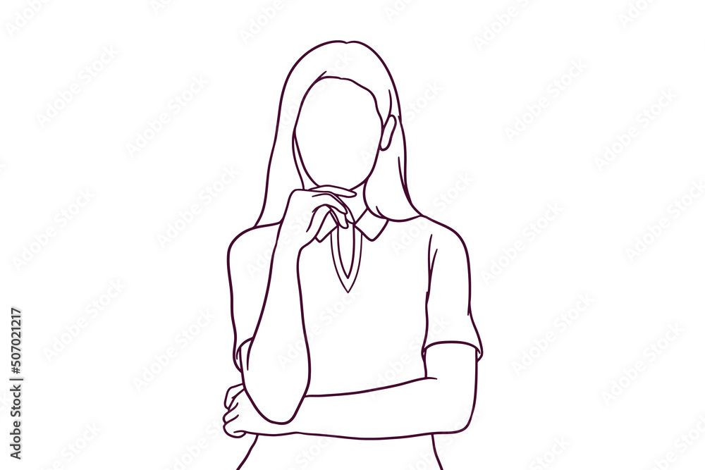 hand drawn business woman with hand on chin illustration hand drawn business woman with hand on chin illustration