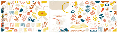 Minimalist abstract nature art shapes collection. Pastel color doodle bundle for fashion design, summer season or natural concept. Modern hand drawn plant leaf and tropical shape decoration set