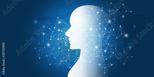 Abstract Machine Learning, Artificial Intelligence, Cloud Computing and Networks Design Concept with Human or Robot Silhouette and Polygonal Wavy Geometric Network Mesh, Glowing Nodes Around