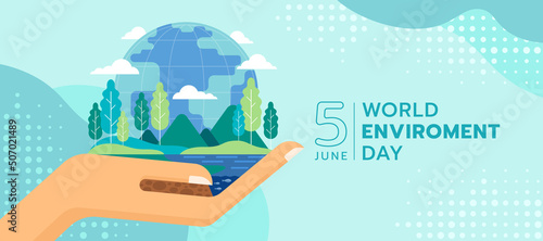 world environment day - hand hold the environment on earth consists of water, tree, mountains and big globe on abstract curve and dot texture background vector design photo