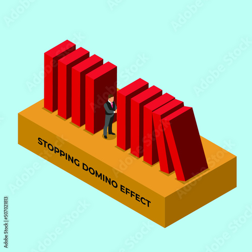 Businessman stopping domino effect isometric 3d vector illustration concept for banner, website, illustration, landing page, flyer, etc.