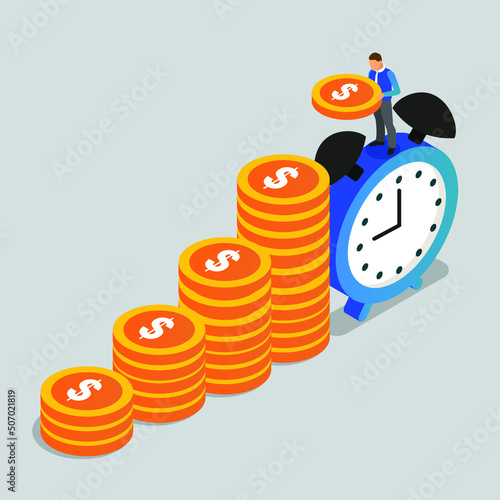 Time is money - Long term investing or savings for retirement fund isometric 3d vector illustration concept for banner, website, illustration, landing page, flyer, etc.
