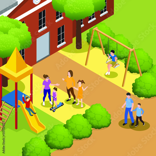 Parents collect children after lessons in preschool on summer day isometric 3d vector illustration concept for banner, website, illustration, landing page, flyer, etc.