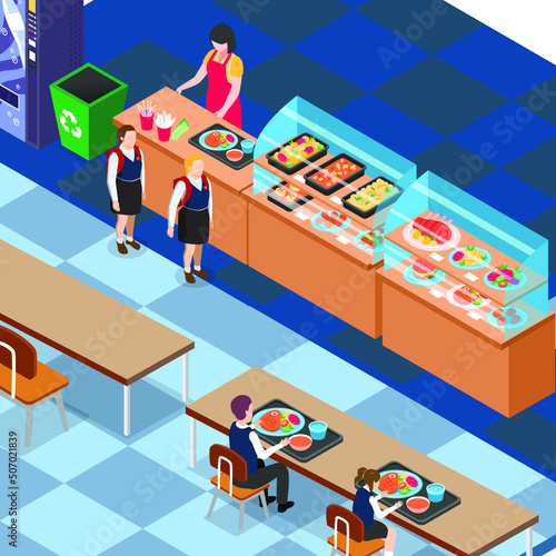 School cafeteria interior. Children have lunch in the dining room. School canteen isometric 3d vector illustration concept for banner, website, illustration, landing page, flyer, etc.