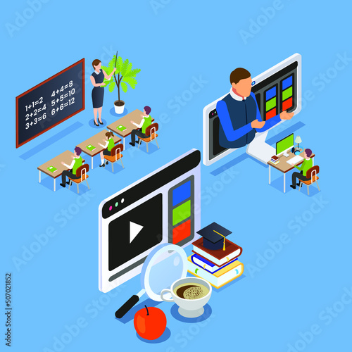 Hybrid Learning - online and offline isometric 3d vector illustration concept for banner, website, illustration, landing page, flyer, etc.
