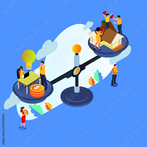 Life balance - Home and work on scales isometric 3d vector illustration concept for banner, website, illustration, landing page, flyer, etc.