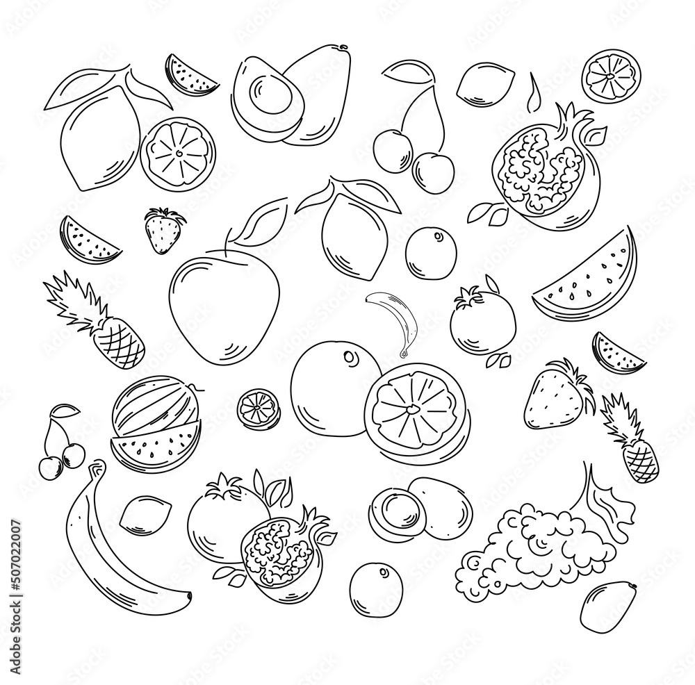 Set of fruits in line art style in black. The set contains such fruits as: lemon, banana, avocado, cherry, apple, pomegranate, watermelon, pineapple, strawberry, grapes, coconut.