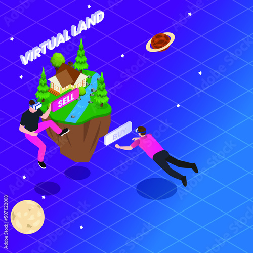 Buy and sell land on metaverse isometric 3d vector illustration concept for banner, website, illustration, landing page, flyer, etc.