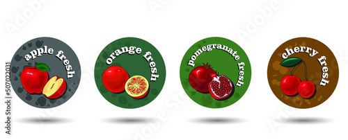 Set of four fruit juice labels. For use in the menu of cafes, restaurants, bottles. Apple, cherry, pomegranate, orange. Vector, print-ready layout.
