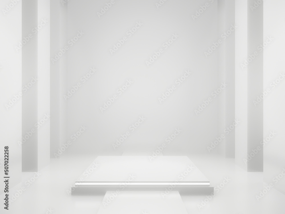 Fototapeta premium 3D White Sci-Fi product stand mockup. Scientific podium with white neon lights.