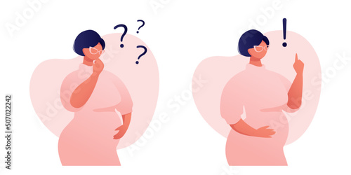 Cute pregnant woman wearing glasses is thinking and making decision. Concept of having thoughts, questions, ideas, problem solving. Vector illustration. 