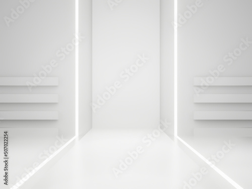 3D White Sci-Fi product stand mockup. Scientific podium with white neon lights.