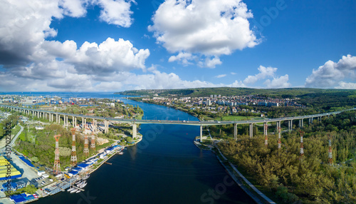 Panorama view from a height on the bridge between the town of Sozopol with houses near the Black Sea © YouraPechkin