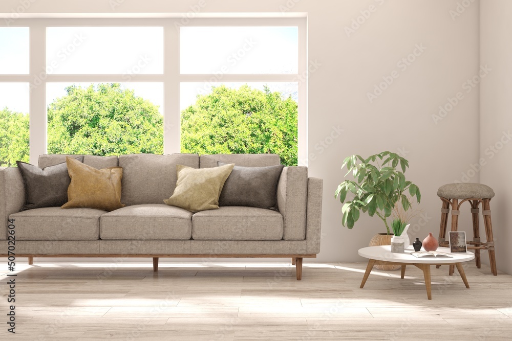 Fototapeta premium Minimalist living room in white color with sofa and summer landscape in window. Scandinavian interior design. 3D illustration