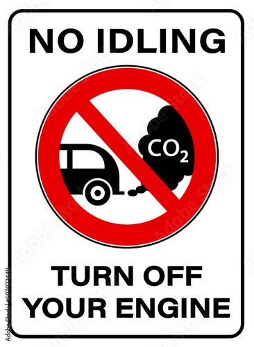 No idling, turn off engine. Prohibition sign with car silhouette and carbon monoxide symbol  photo