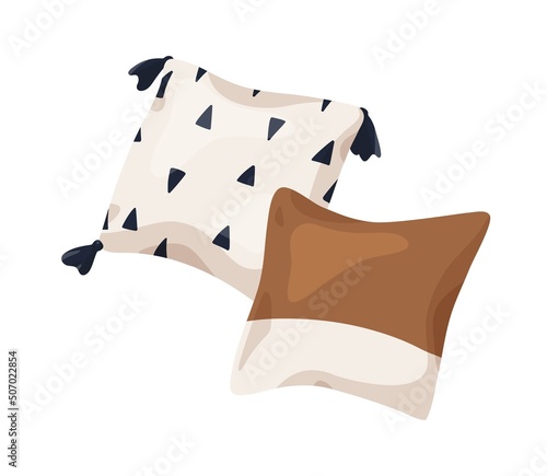 Decorative cushions for modern interior. Comfy soft pillows for bed, sofa. Cosy square pillowcases decorated with print, fringe. Home decor. Flat vector illustration isolated on white background