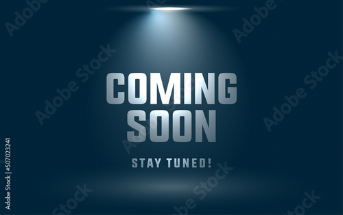 Coming soon in stage spotlight on dark background vector scene illuminated spotlight