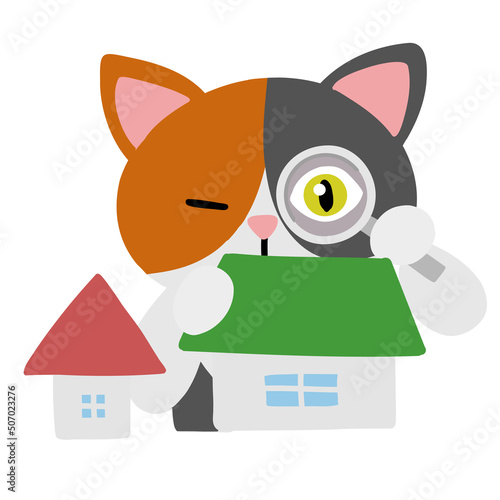 猫が虫眼鏡で家の中の問題点を観察しているポップなフラットイラスト