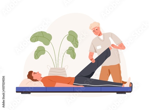 Chiropractor and patient at physiotherapy rehabilitation. Physiotherapist adjusting leg. Rehab chiropractic therapy and osteopathy treatment. Flat vector illustration isolated on white background