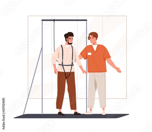 Rehabilitation of patient with disability. Physiotherapist teaching to walk, man in support equipment learning, relearning after injury. Flat vector illustration isolated on white background