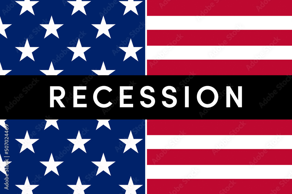 Recession is a business cycle contraction when there is a general decline in economic activity. Word Recession on american flag background Recession is a business cycle contraction when there is a general decline in economic activity. Word Recession on american flag background