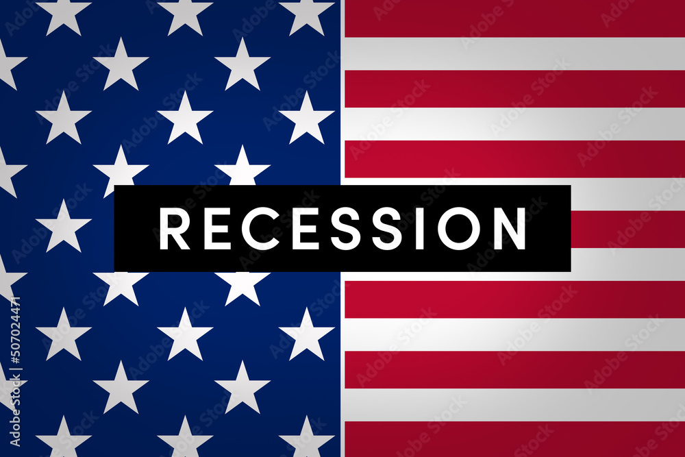 Recession is a business cycle contraction when there is a general decline in economic activity. Word Recession on american flag background
