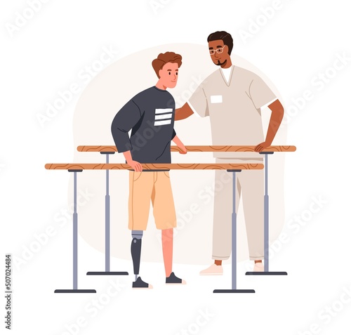 Patient with disability learning to walk with prosthesis, rails. Rehab physiotherapist, person after amputation. Physiotherapy and rehabilitation. Flat vector illustration isolated on white background