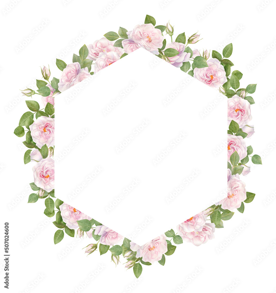Hand drawn watercolor frame with pink rose flowers