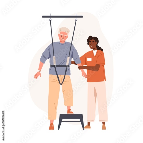 Elderly person learning, relearning to walk with physiotherapy equipment at rehab therapy. Physiotherapist teaching aged patient with disability. Flat vector illustration isolated on white background