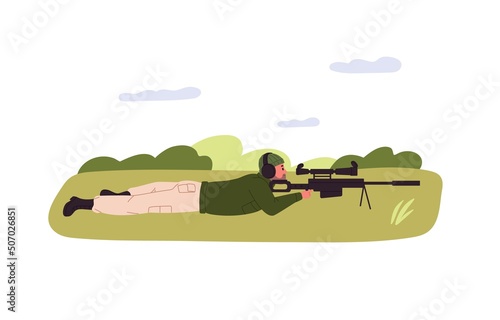 Sniper shooter with rifle gun in lying stance outdoors. Sharpshooter man with shotgun training at shooting range in nature, pointing. Flat vector illustration isolated on white background