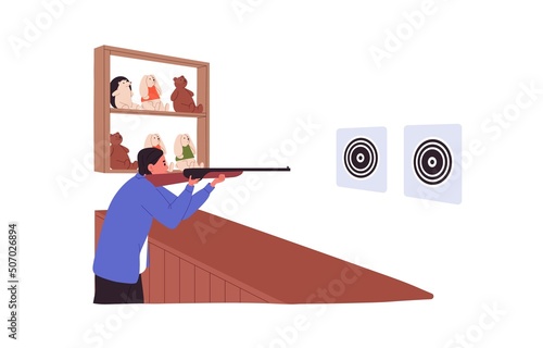 Shooter with rifle gun at shooting range with toys for fun and entertainment. Person aiming at targets with shotgun. Leisure game with weapon. Flat vector illustration isolated on white background