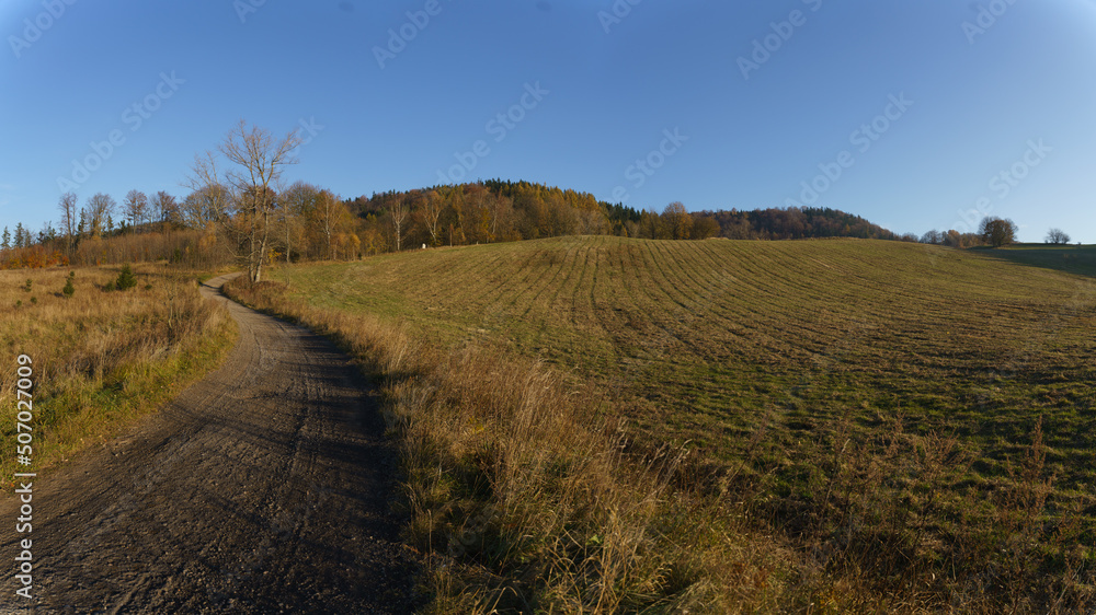 A road winding through fields and meadows. Part of the hiking trail